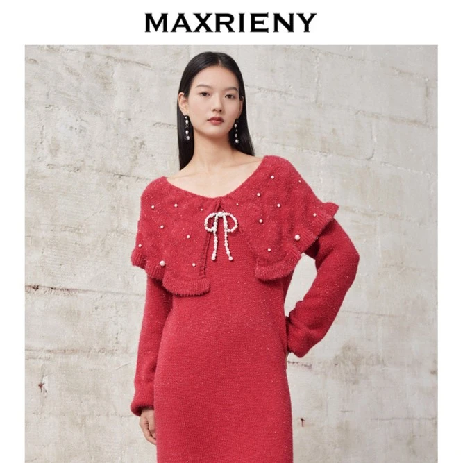 MAXRIENY丨披肩领针织短裙冬款连衣裙中长款公主裙甜美女装时尚
