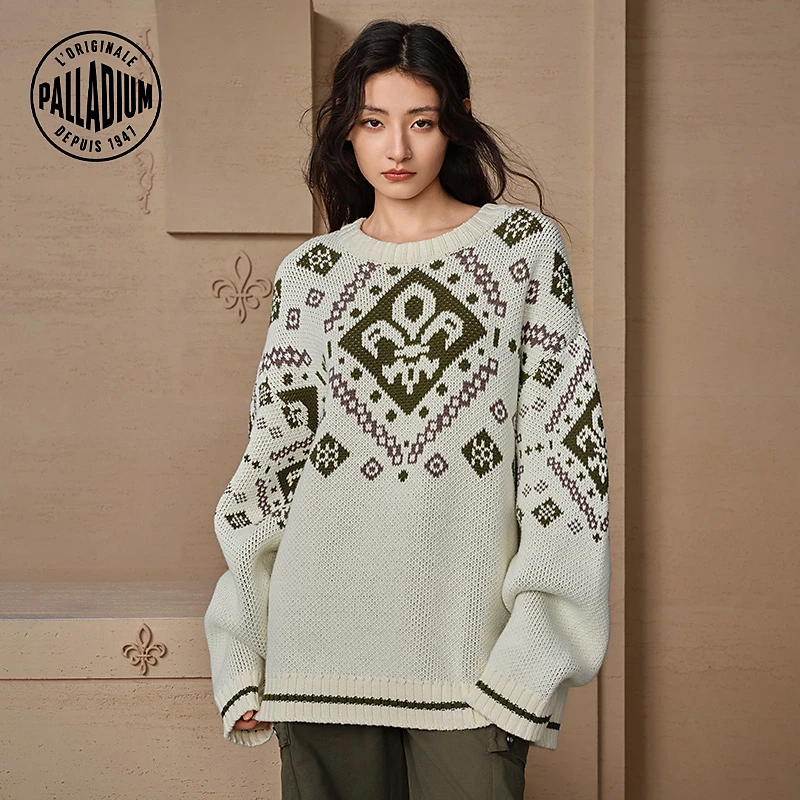 PALLADIUM帕拉丁毛衫圆领鸢尾花提花宽松针织长袖休闲毛衫109679