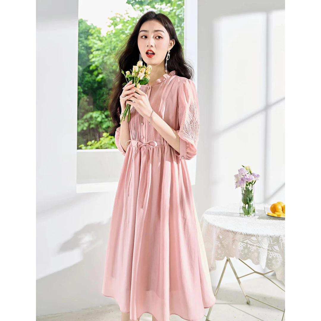 苏醒的乐园莱赛尔天丝连衣裙夏季仙女SXL23272显瘦遮肚子刺绣裙子