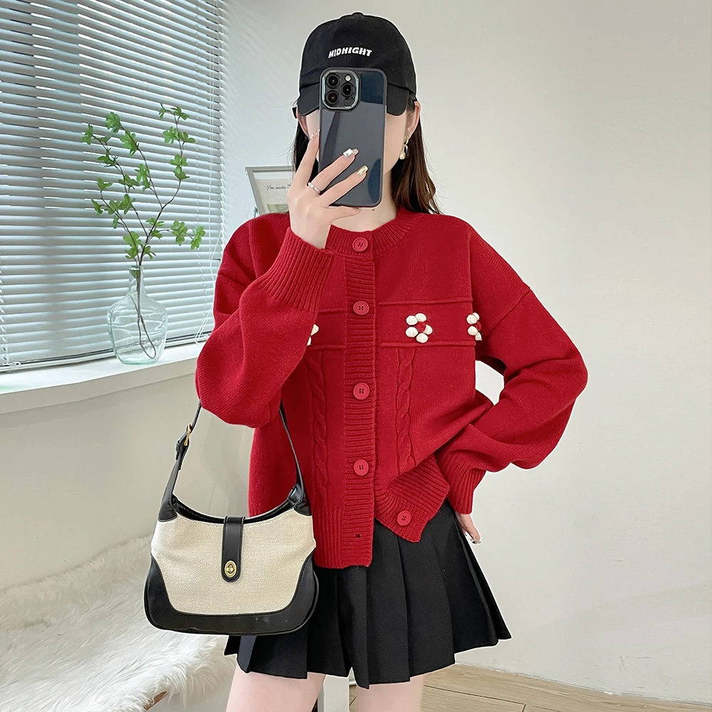 苏醒的乐园立体小花单排扣圆领开衫软糯毛衣SXMY32535秋季上衣