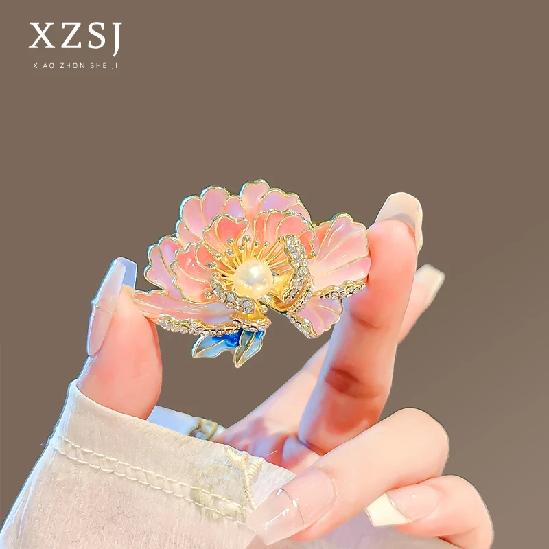 合金仿珍珠胸针 中式牡丹花胸花高档女精致古典花朵别针大衣配饰