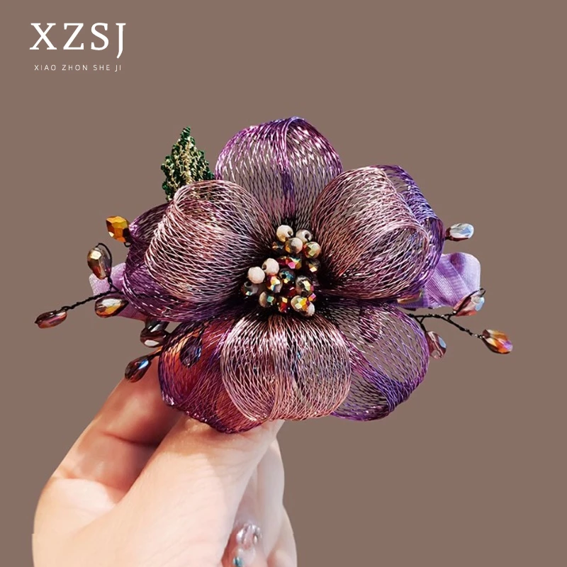 网红爆款气质洋气花朵发夹女精致发卡丸子头顶夹新款弹簧夹一字夹