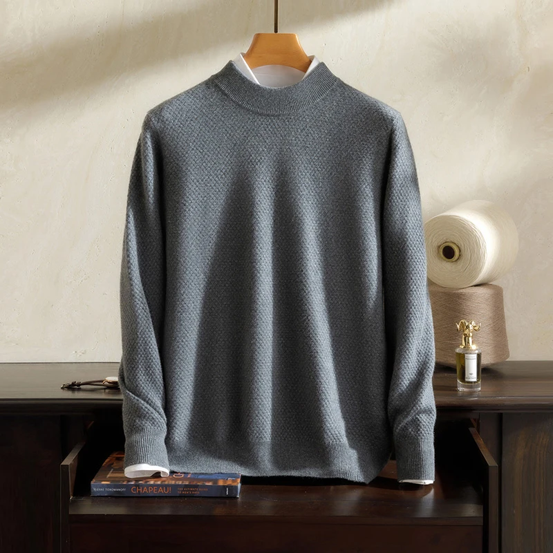 〔绒蒂斯甄选〕2025男士秋冬100%山羊绒半高领菠萝针打底长袖羊绒衫