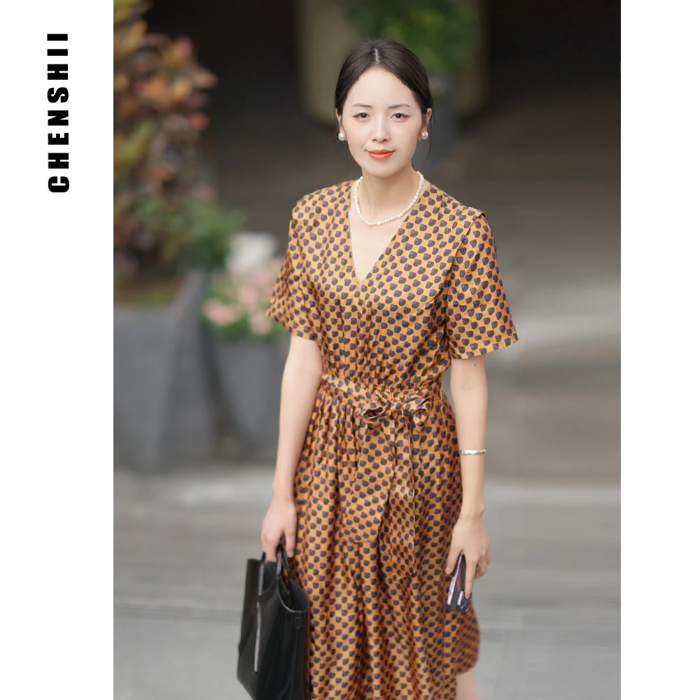 【CHENSHII 辰时】桑蚕丝V领褶饰春夏超显瘦连衣裙 CS1T03L259