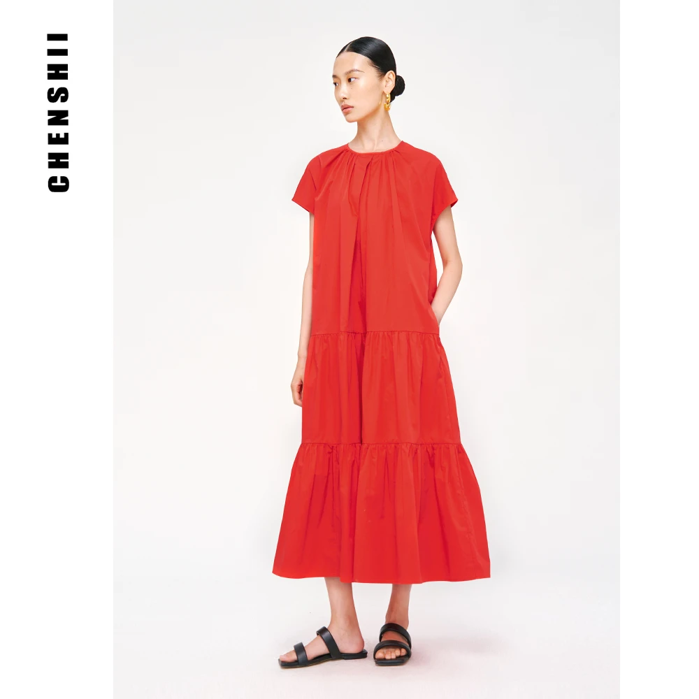 【CHENSHII 辰时】夏季显瘦纯色圆领褶饰连衣裙 CS1T03L145