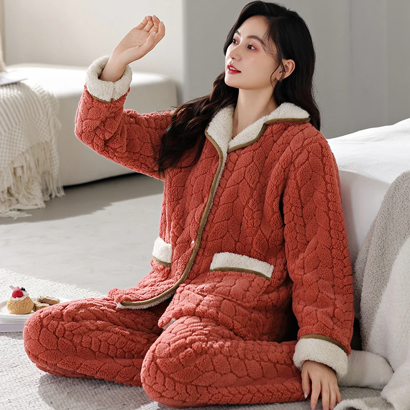 提花冬款加绒加厚保暖法兰绒珊瑚绒毛绒睡衣女士秋冬季大码家居服