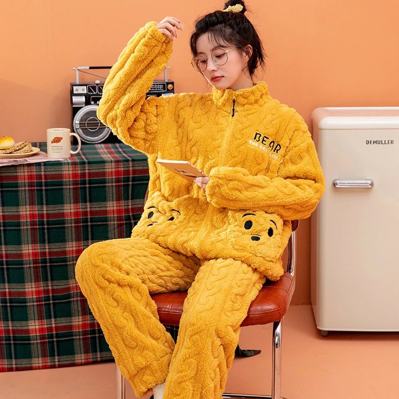 小熊可外穿睡衣女秋冬加厚珊瑚绒拉链可爱休闲加绒冬季家居服套装