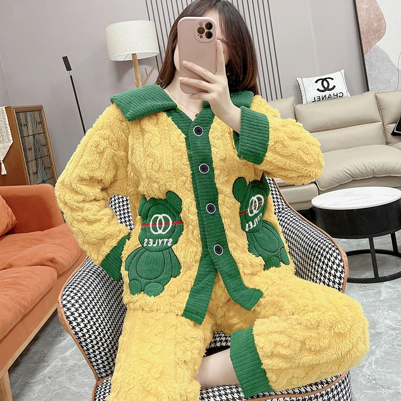 高定熊珊瑚绒睡衣女冬季2022年秋冬新款加绒加厚可外穿家居服套装