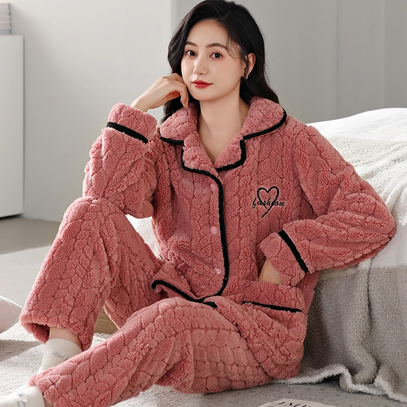 【云朵绒】秋冬季珊瑚绒睡衣女加绒加厚大码冬天中老年家居服套装