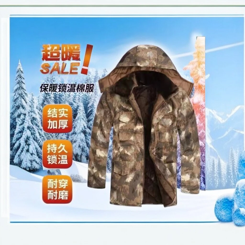 冬季军大衣军大衣迷彩加绒中长款户外保暖耐磨劳保棉防水锁温男装