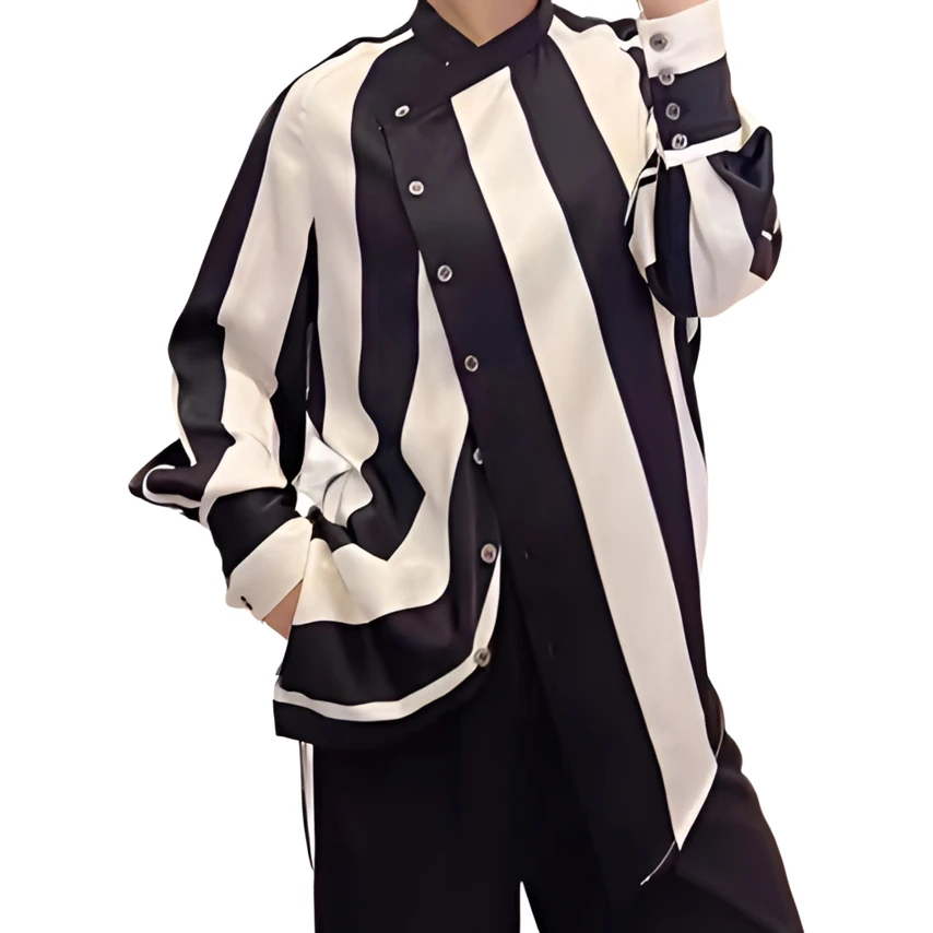 2025休闲气质显瘦长袖条纹百搭黑白韩版网红春夏拼接设计宽松时尚