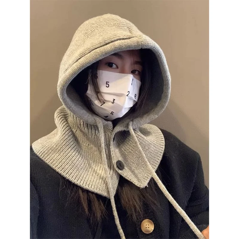 韩国巴拉克拉法帽子女冬季保暖帽子围脖一体情侣款护耳毛线针织帽