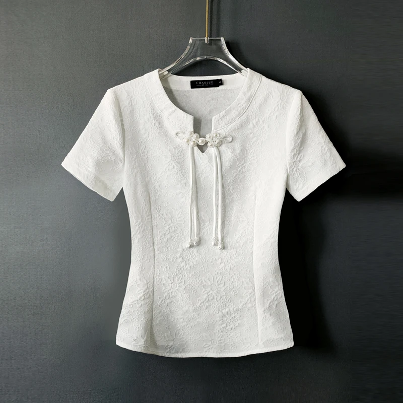 新中式短袖T恤女2025新款夏装正肩白色气质长尾盘扣轻国风小衫潮