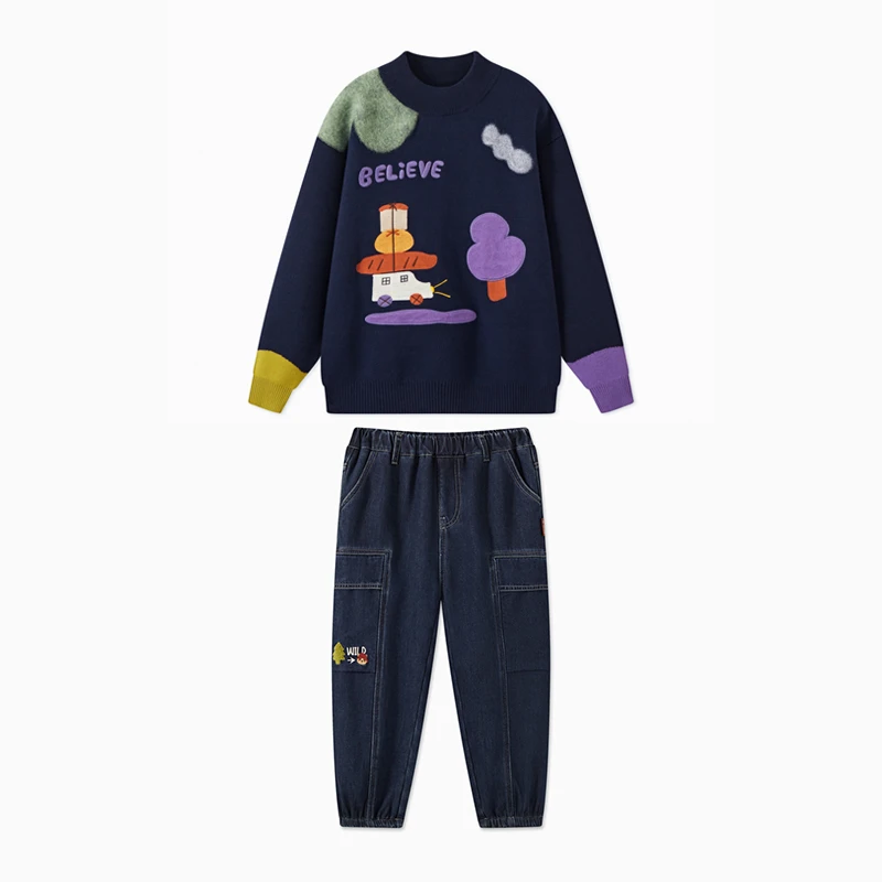 MQD童装冬季新品学院风潮酷休闲卡通保暖半高领毛衣套装TCW0712A