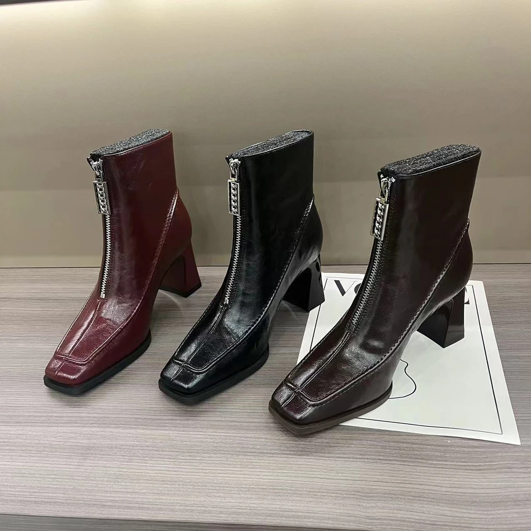 【大叔】y31506    前拉链时尚高跟方头小短靴女秋冬小众粗跟设计感