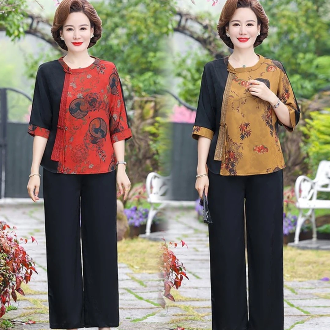 中年妈妈国风中式衣服洋气高贵中老年人夏装中国风小衫两件套装