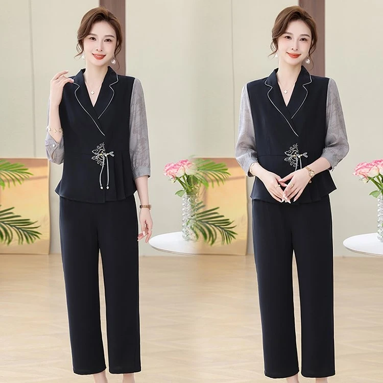 新中式休闲套装时尚减龄新款2024两件套气质洋气高端显瘦拼接薄款