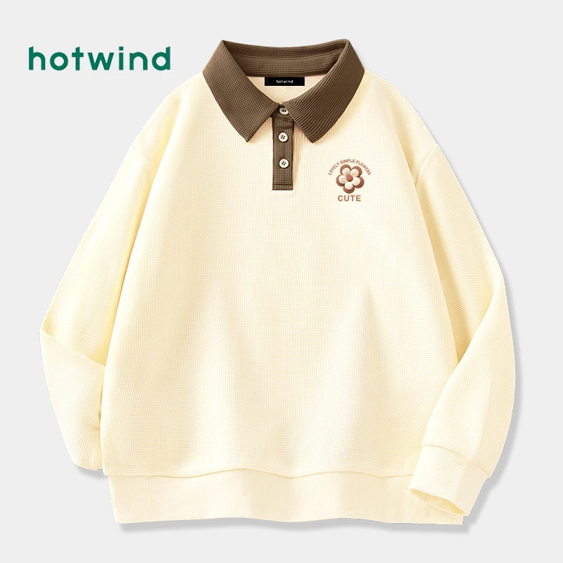 热风华夫格宽松上衣女韩版慵懒风撞色POLO领卫衣小个子春秋季外套