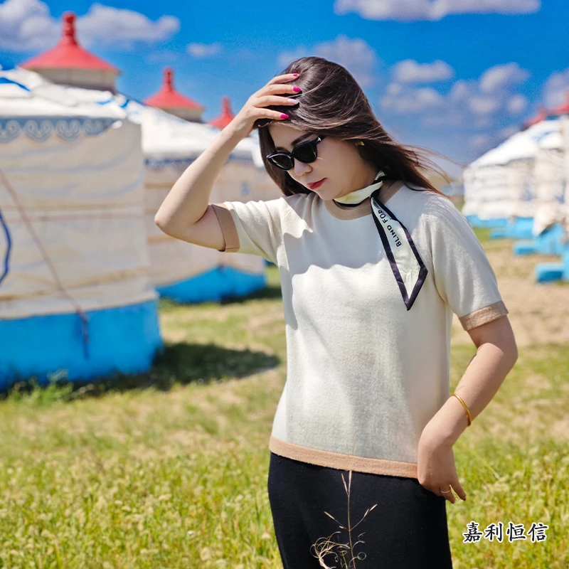 【匠心工艺】温婉时尚柔软舒适女式纯山羊绒配色边圆领半袖