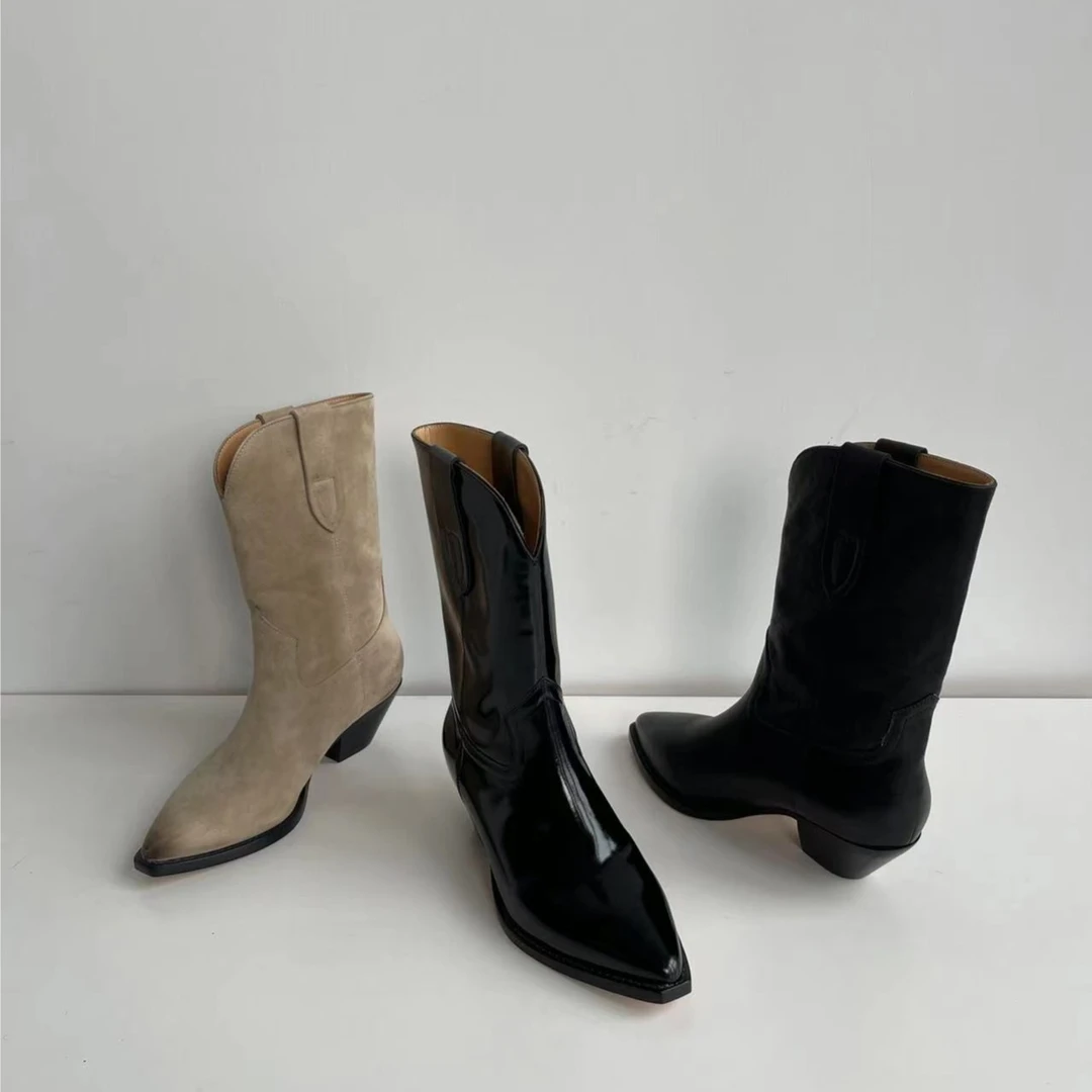 短靴时尚粗跟高跟靴子尖头女鞋方头中筒靴