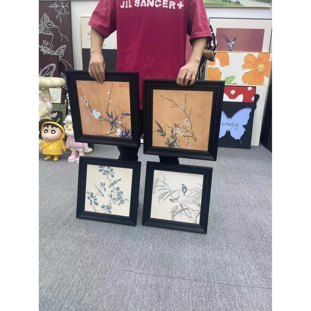中古风挂画复古客厅餐厅卧室墙面四联装饰画中国风花鸟竹子画4040