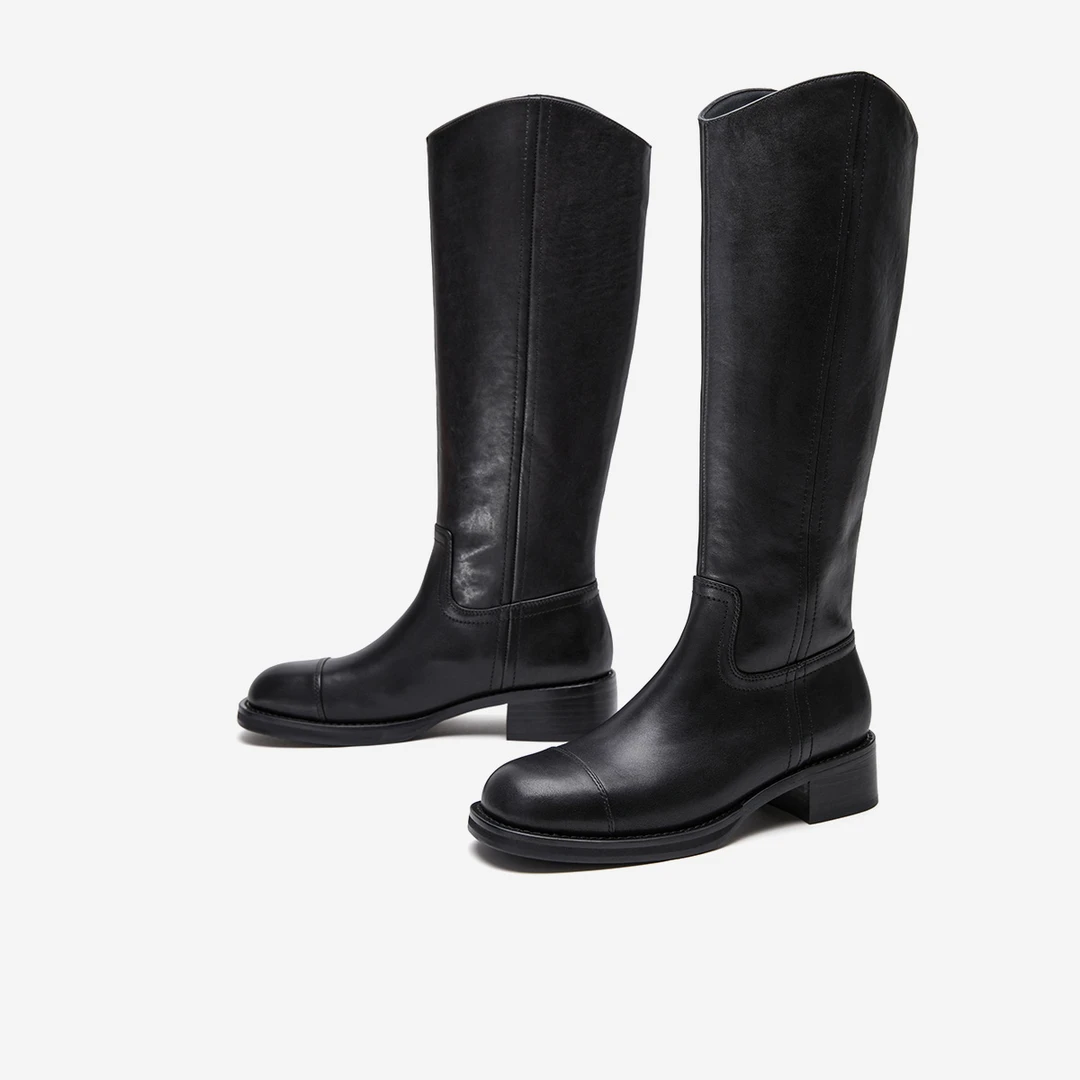 MC女鞋植鞣牛皮骑士长靴24冬新款圆头极简一脚蹬marieclaire女鞋