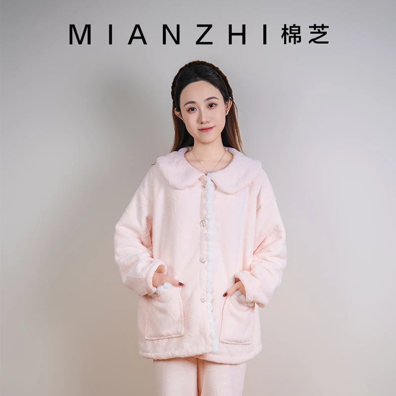 棉芝秋冬款女士牛奶绒保暖玫瑰提花柔软亲肤翻领家居服套装