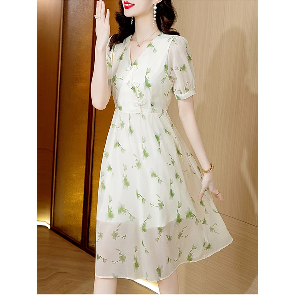 碎花雪纺连衣裙子女士装夏季2024年新款小个子短袖气质漂亮中长裙