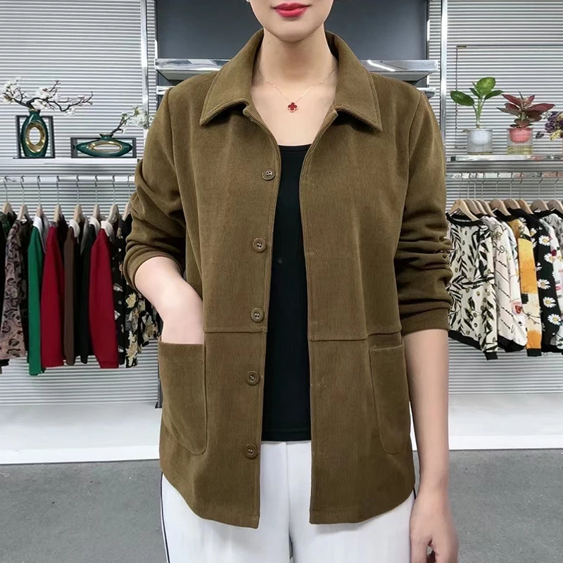 秋季休闲百搭纯色外套女士百搭减龄翻领开衫上衣