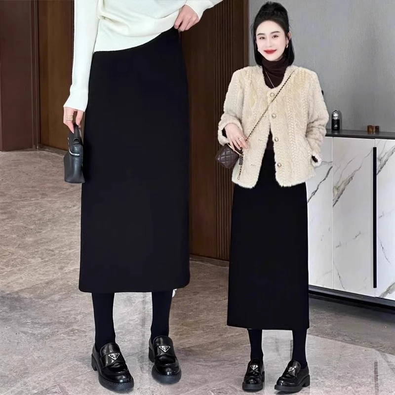 高级感黑色毛呢半身裙女春秋季2024新款高腰后开叉直筒a字中长款
