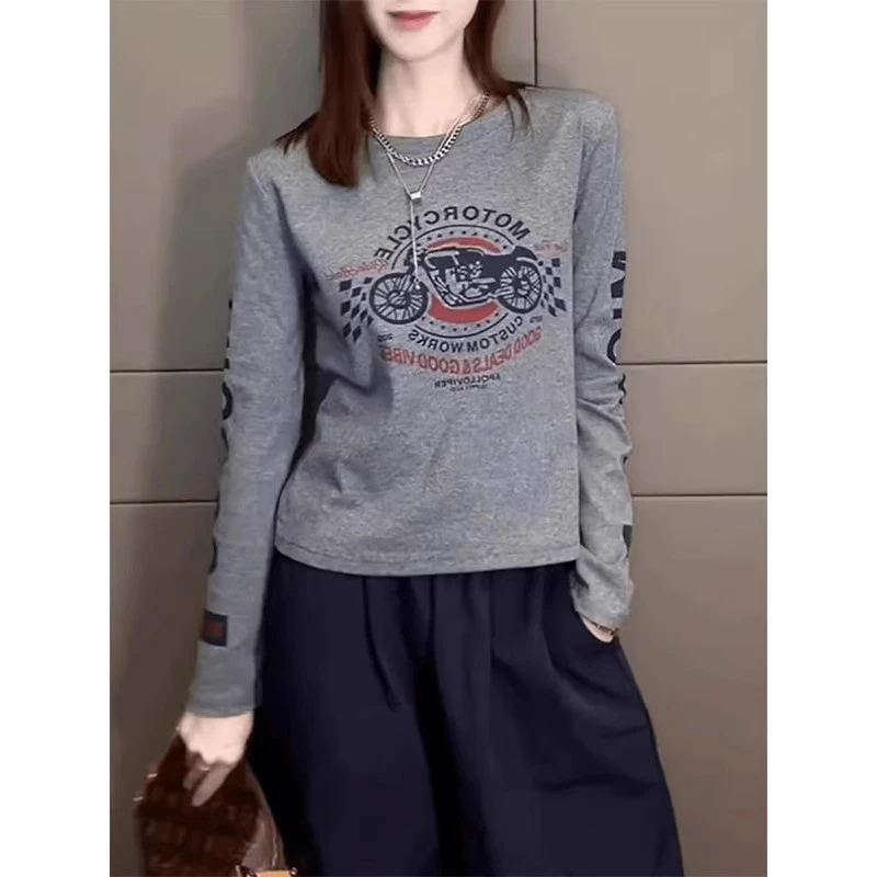 欧货正肩打底衫女春秋2025新款洋气内搭长袖T恤印花休闲宽松上衣