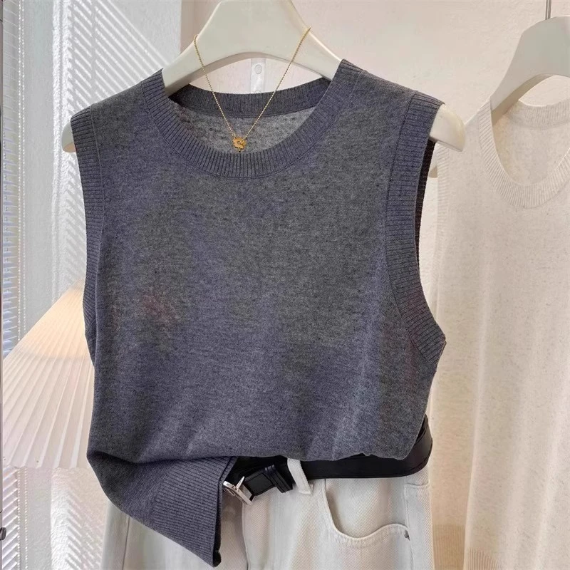 灰色针织背心女内搭春秋季宽松百搭遮肉圆领无袖打底衫西装内搭