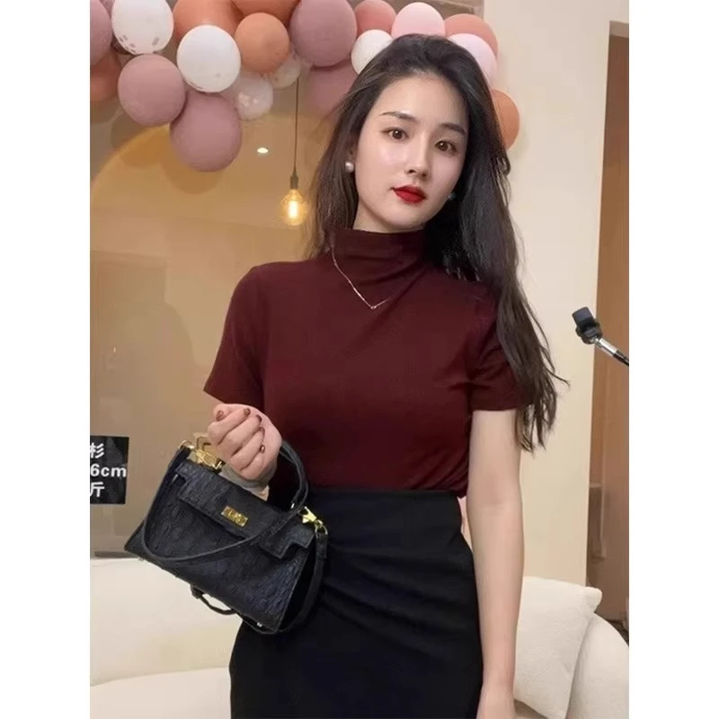 安可拉高级感红色半高领打底衫女士春秋欧货独特别致短袖T恤上衣