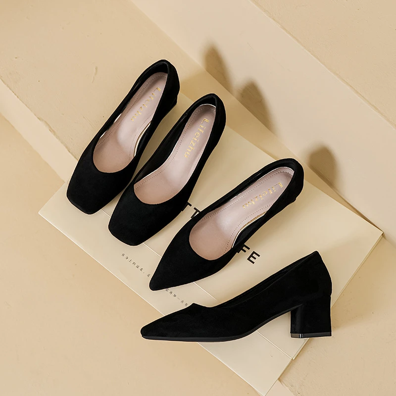 大码41-43单鞋女2025新款软底上班方头不累脚黑色职业工作高跟鞋
