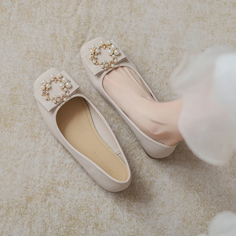 方头单鞋女真皮2025新款平底鞋夏季浅口气质软底百搭豆豆鞋41一43