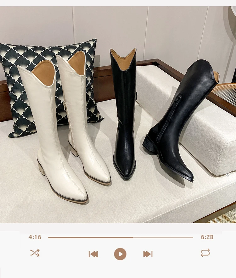 西部牛仔欧美骑士靴欧美风2024时尚不过膝女靴侧拉链粗跟尖头长靴