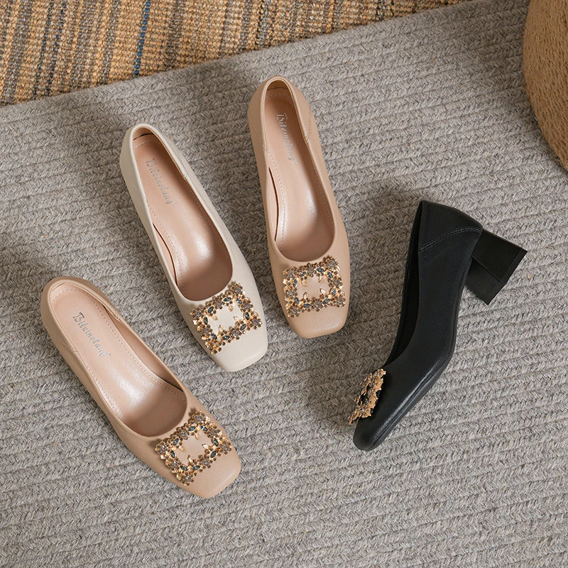 软皮高跟鞋女2025年新款春秋法式粗跟单鞋气质细跟通勤软底女鞋