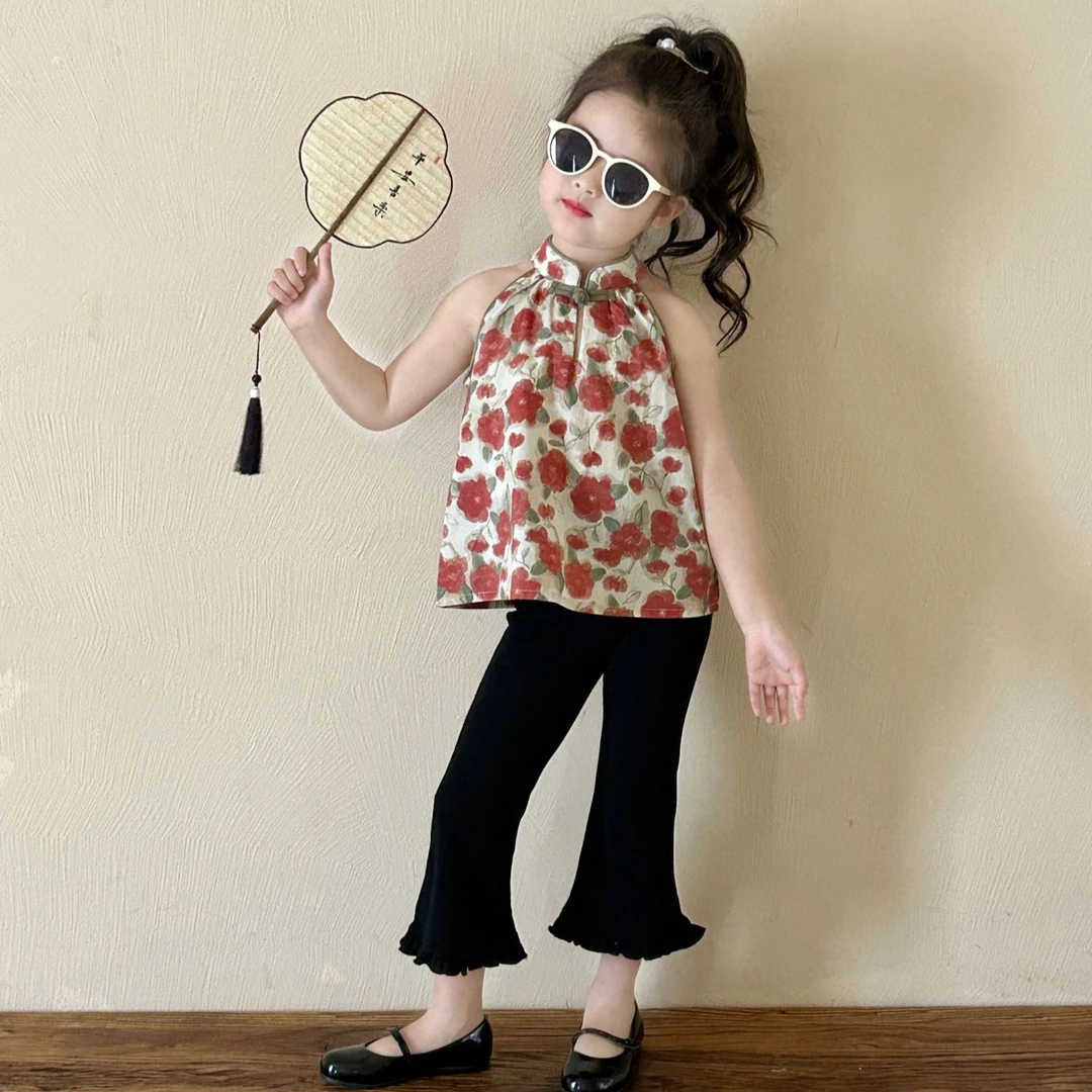 【小童世家】2024夏季新款女童新中式国风背心+喇叭九分裤洋气套装