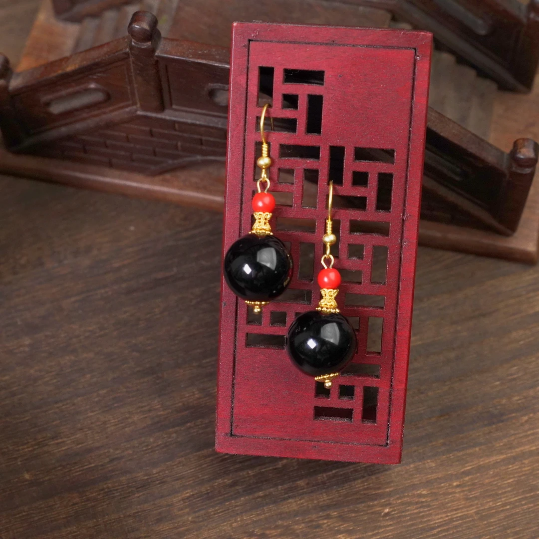 【宝陀明月】正品天然极光黑玛瑙耳钉高级感气质国潮风玛瑙耳环14mm