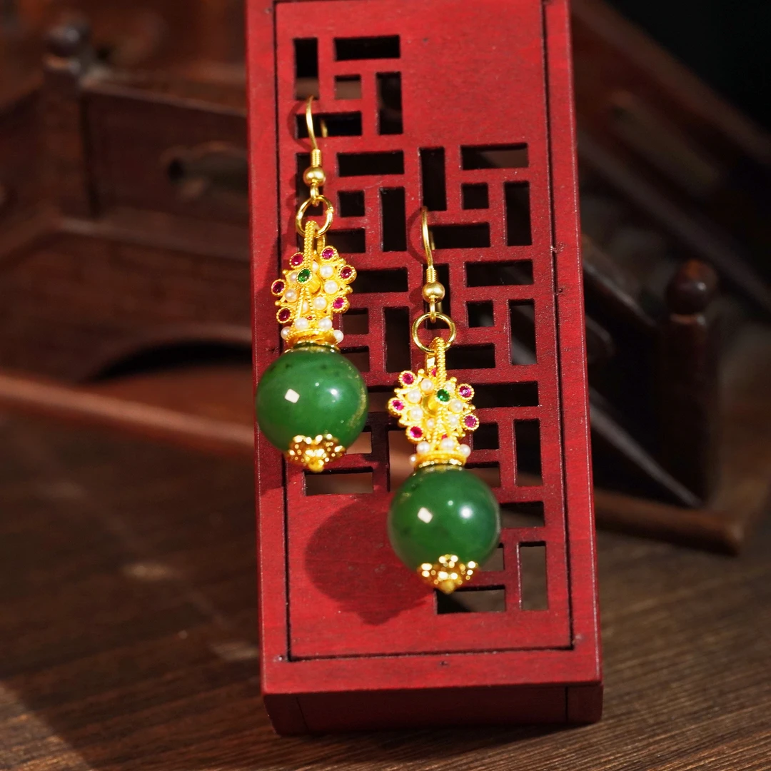 捡漏和田玉耳饰【宝陀明月】上等和田碧玉圆珠摩天轮耳环 特价