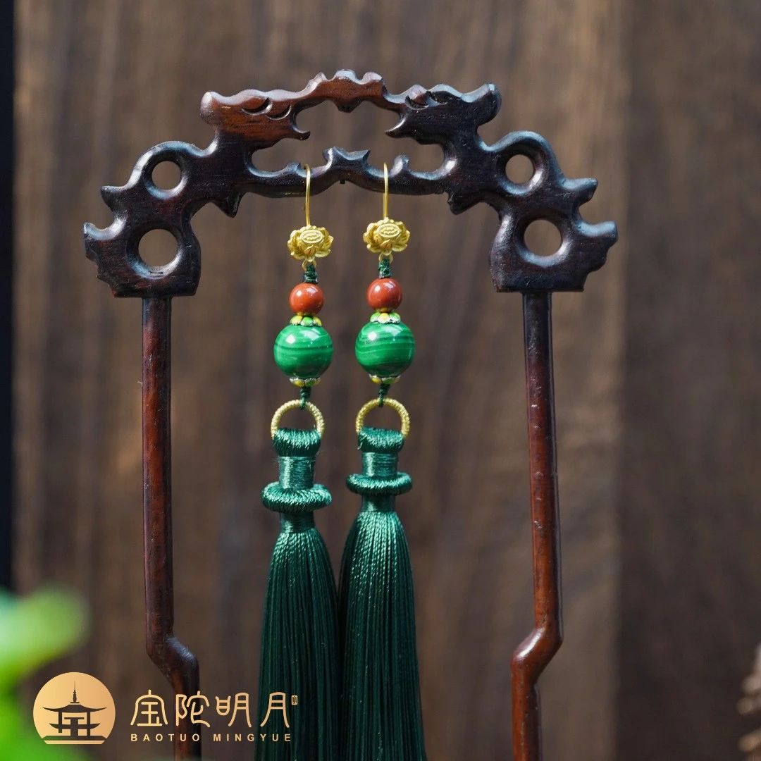 孔雀石耳环【宝陀明月】天然孔雀石流苏国潮风流苏耳环 特价