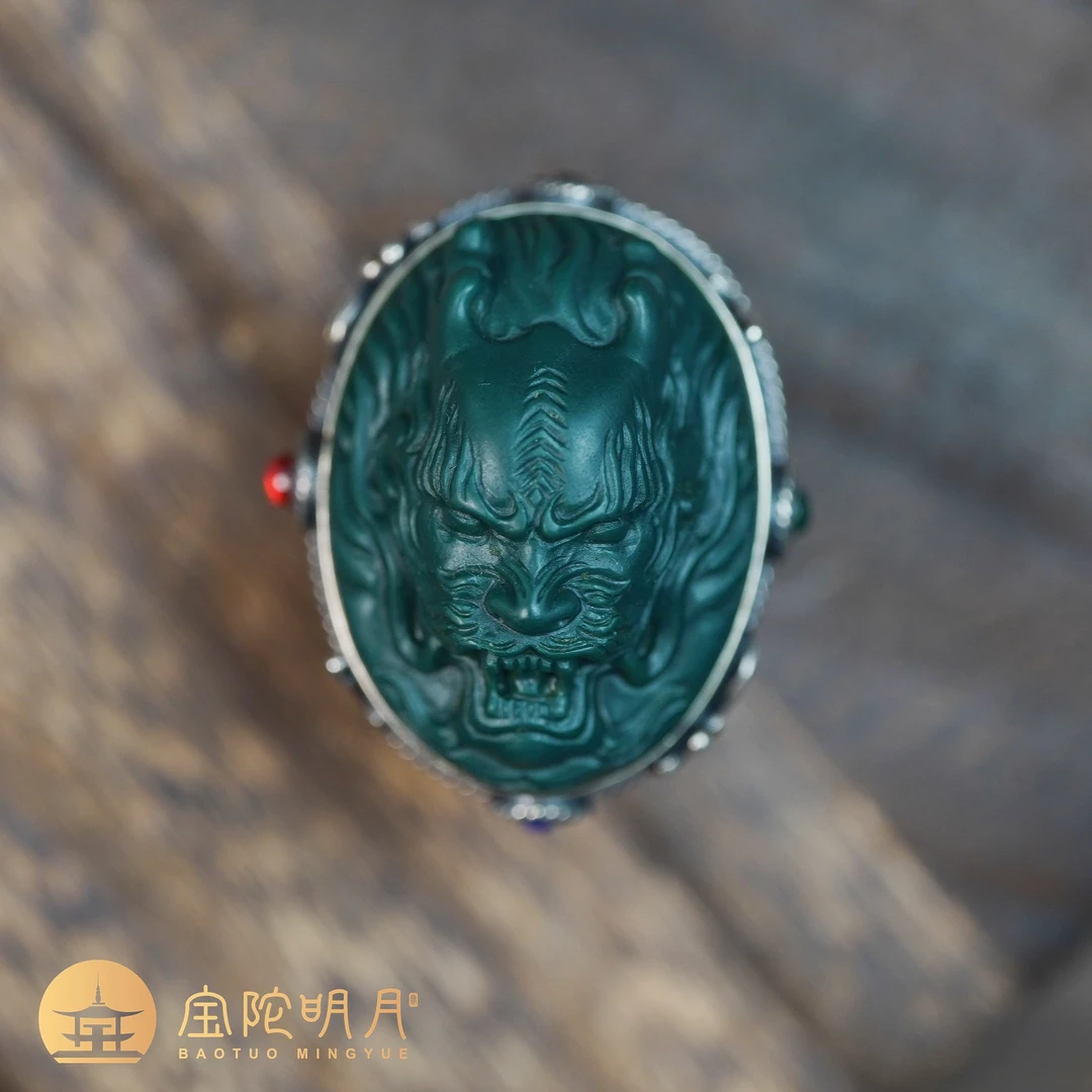 【宝陀明月】阿拉善银镶雕刻龙头戒指（长35宽26.7厚24.6）