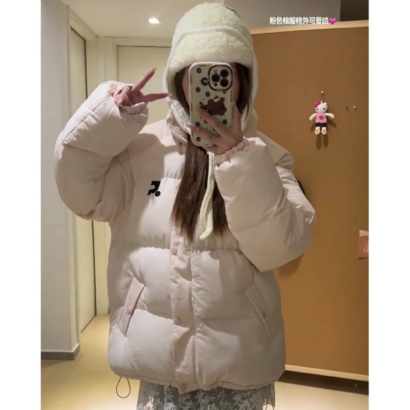 韩版甜美系复古粉色立领棉服外套女2024冬季新款宽松休闲面包服潮