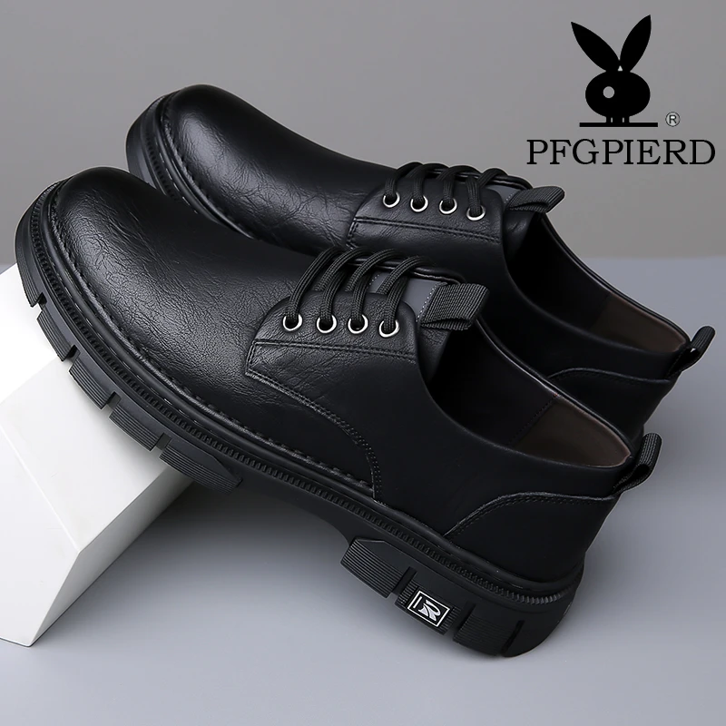 PFGPIERD正品男鞋休闲皮鞋男士百搭透气黑色软底防滑工作系带男鞋