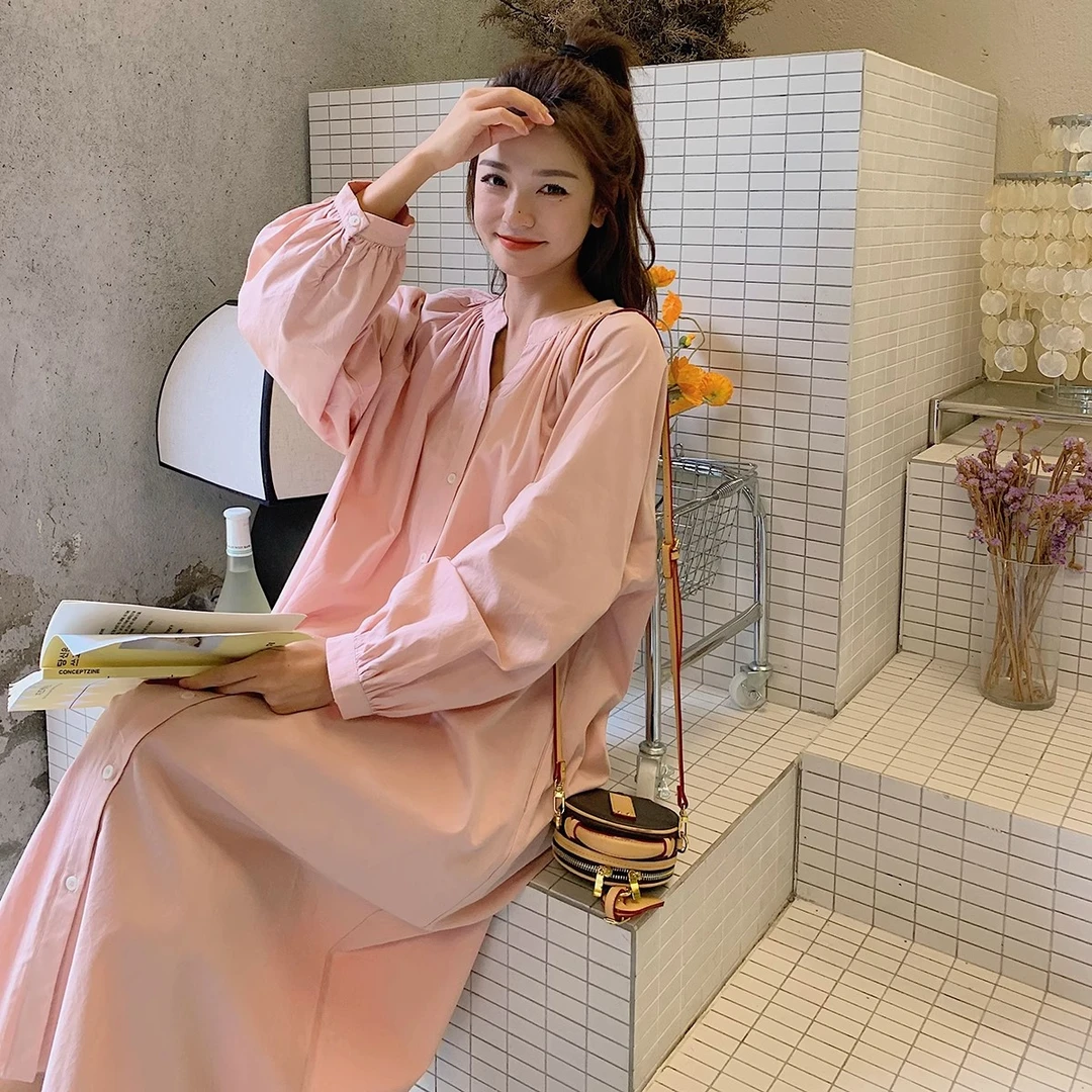 韩系慵懒风高级感甜妹衬衫连衣裙子遮肉显瘦百搭时尚新款中长裙女