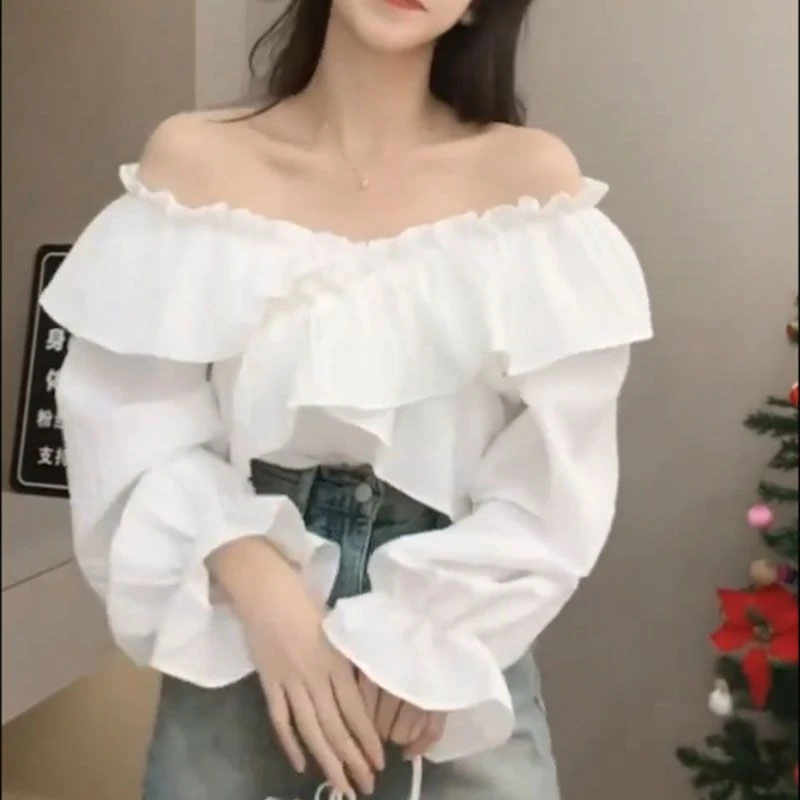 设计感一字肩长袖衬衫女2024新款显瘦露肩上衣气质时尚别致衬衣