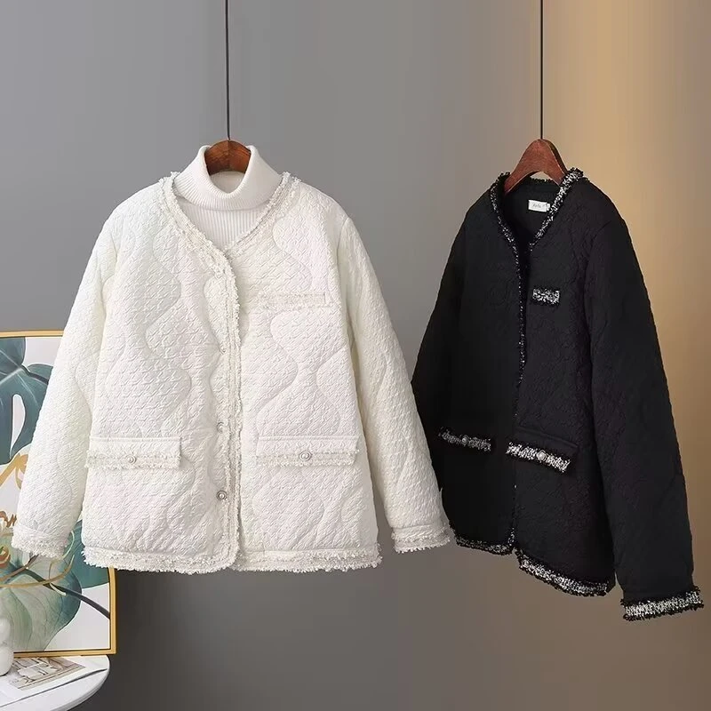 大码女装胖MM百搭棉衣气质冬季时尚拼接小香风外套棉衣棉服