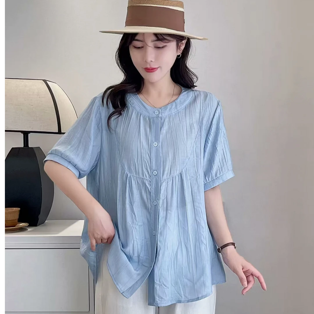 大码女装薄款夏季新款褶皱圆领纯色宽松百搭显瘦衬衫韩版小众T恤