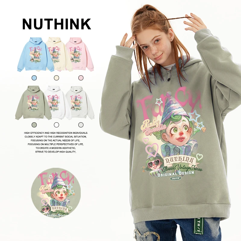 Nuthik卡通宽松小丑直喷秋冬百搭慵懒感穿搭热连帽卫衣热恋情侣装