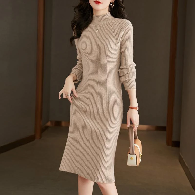 长款毛衣女秋冬2022新款慵懒高级感小众设计半高领针织打底连衣裙
